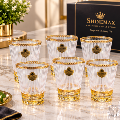DecoPride 300ml Whisky Glass Set of 6 | Premium Gold Printed Drinking Glasses | Elegant Juice, Whiskey & Cocktail Glasses | Luxury Barware & Gifting Set