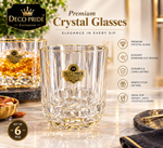 DecoPride 400ml Whisky Glass Set of 6 | Premium Crystal Drinking Glasses with Gold Printed Diamond Cut Design | Whiskey, Juice & Cocktail Glasses | Luxury Barware Set