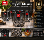 SHINEMAX 400ml Black Tint Whisky Glass Set of 6 | Premium Diamond Cut Drinking Glasses | Whiskey, Juice & Cocktail Glasses | Elegant Luxury Barware Set