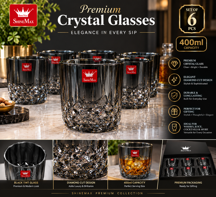 SHINEMAX 400ml Black Tint Whisky Glass Set of 6 | Premium Diamond Cut Drinking Glasses | Whiskey, Juice & Cocktail Glasses | Elegant Luxury Barware Set