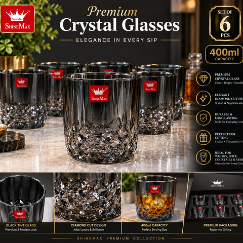 SHINEMAX 400ml Black Tint Whisky Glass Set of 6 | Premium Diamond Cut Drinking Glasses | Whiskey, Juice & Cocktail Glasses | Elegant Luxury Barware Set