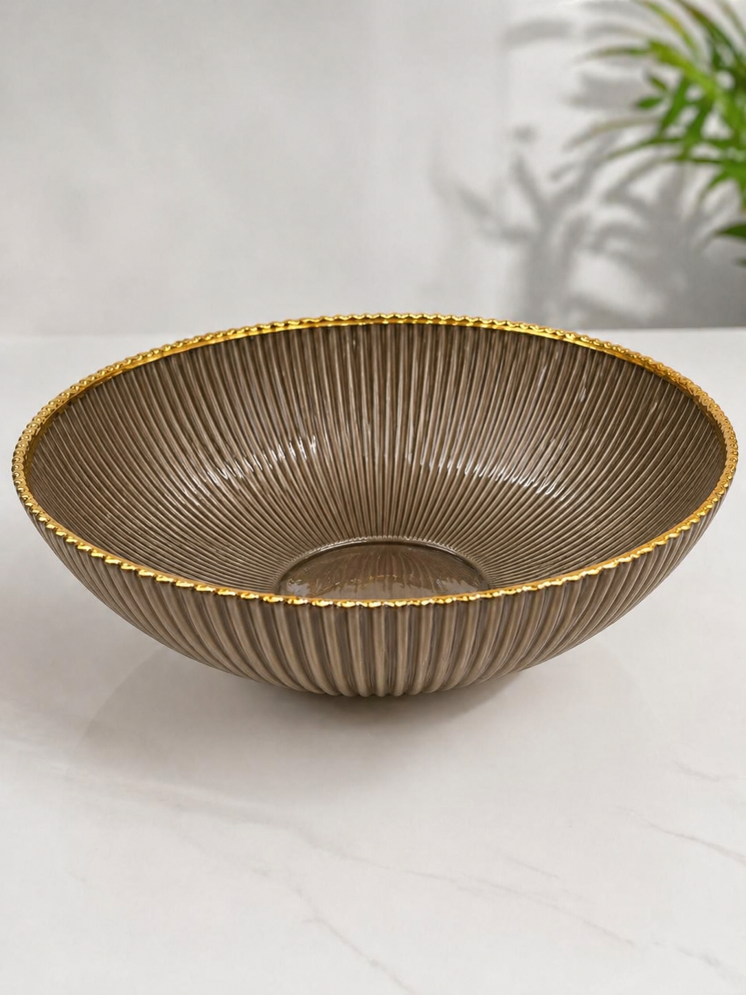 Premium 8-Inch Ribbed Glass Bowl Set (Set of 3) with Gold Rim | Elegant Serving & Dessert Bowls