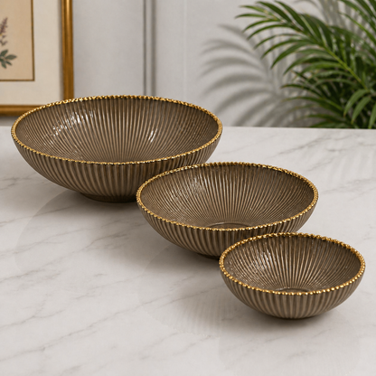 Premium 8-Inch Ribbed Glass Bowl Set (Set of 3) with Gold Rim | Elegant Serving & Dessert Bowls