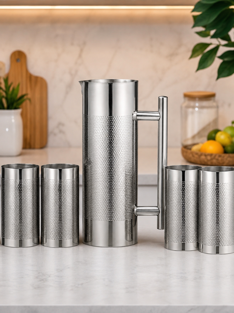 Venus Stainless Steel jug with 4 Glass Set Jug Capacity 1.2 LTR,Glass Capacity 300 Ml Each.Stainless Steel Rust Free Food Grade