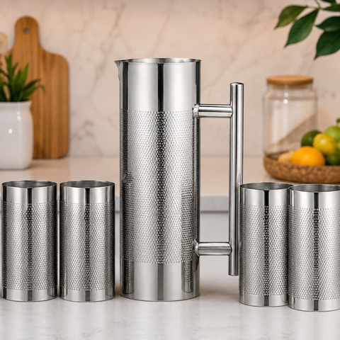 Venus Stainless Steel jug with 4 Glass Set Jug Capacity 1.2 LTR,Glass Capacity 300 Ml Each.Stainless Steel Rust Free Food Grade