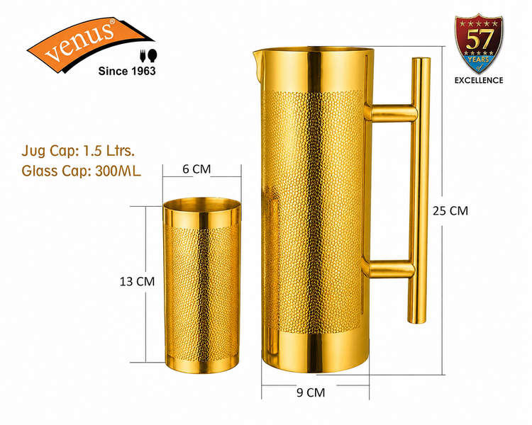 Venus Stainless Steel jug with 4 Glass Set Jug Capacity 1.2 LTR,Glass Capacity 300 Ml Each.Stainless Steel Rust Free Food Grade-Gold