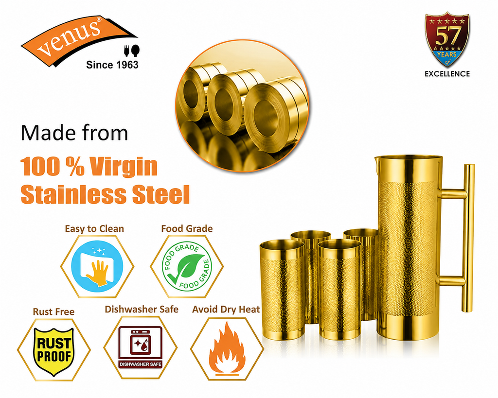 Venus Stainless Steel jug with 4 Glass Set Jug Capacity 1.2 LTR,Glass Capacity 300 Ml Each.Stainless Steel Rust Free Food Grade-Gold