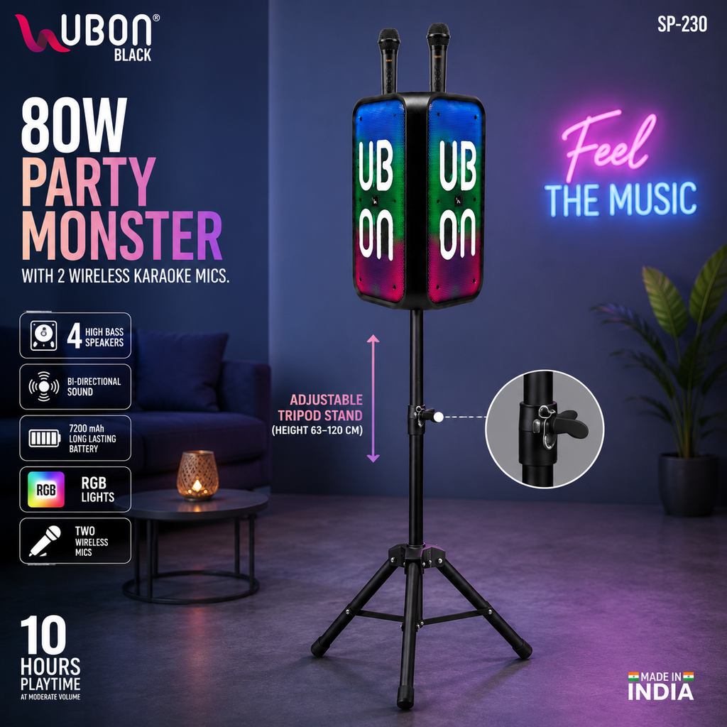 UBON Black SP-230 80W Party Monster Bluetooth Speaker with Adjustable Tripod Stand & 2 Wireless Karaoke Microphones | 4 High Bass Speakers | RGB Lights | 7200mAh Battery | Bluetooth v5.4