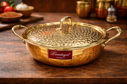 Devidayal Premium Brass Kadhai with Lid 26cm (3.9Ltrs)- Traditional Hammered Design, Durable & Elegant Cookware