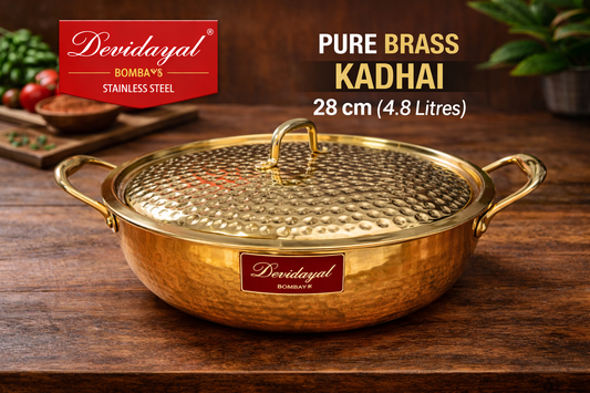 Devidayal Premium Brass Kadhai with Lid 28cm (4.8Ltrs)- Traditional Hammered Design, Durable & Elegant Cookware