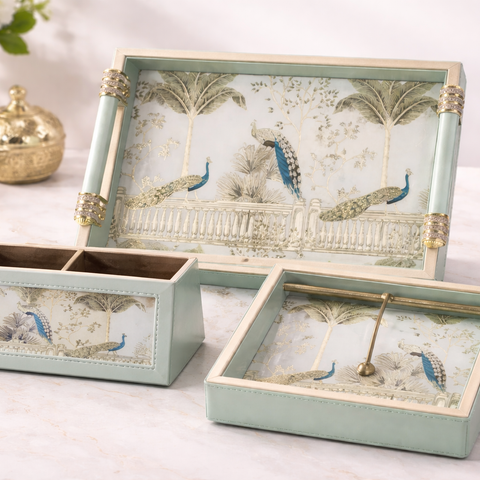 Luxury 4-Piece Wooden Leather Tray Set | Includes Cutlery Holder, Tissue Holder & 2 Trays | Enamel Coated Waterproof Peacock Design