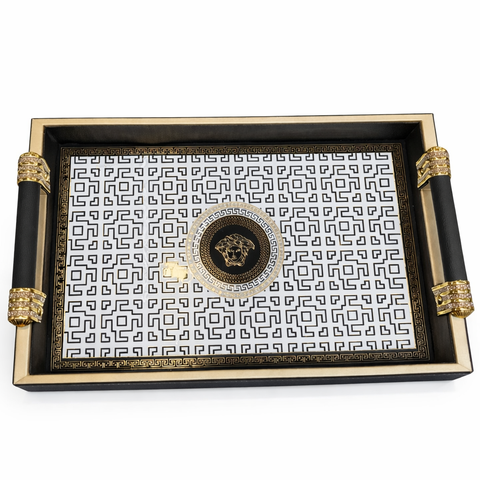 Luxury 4-Piece Wooden Leather Tray Set | Includes Cutlery Holder, Tissue Holder & 2 Trays | Enamel Coated Waterproof