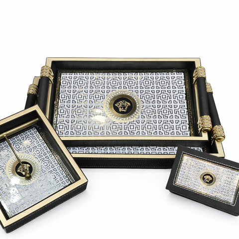 Luxury 4-Piece Wooden Leather Tray Set | Includes Cutlery Holder, Tissue Holder & 2 Trays | Enamel Coated Waterproof