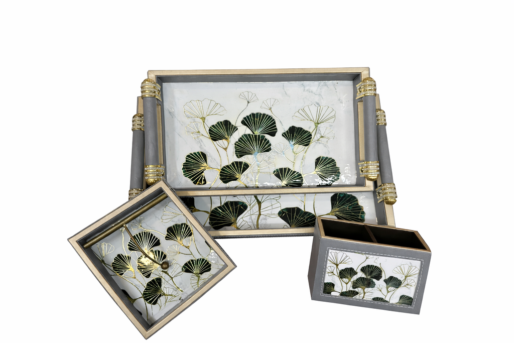 Luxury 4-Piece Wooden Leather Tray Set | Includes Cutlery Holder, Tissue Holder & 2 Trays | Enamel Coated Waterproof