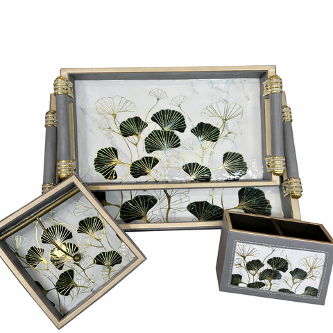 Luxury 4-Piece Wooden Leather Tray Set | Includes Cutlery Holder, Tissue Holder & 2 Trays | Enamel Coated Waterproof