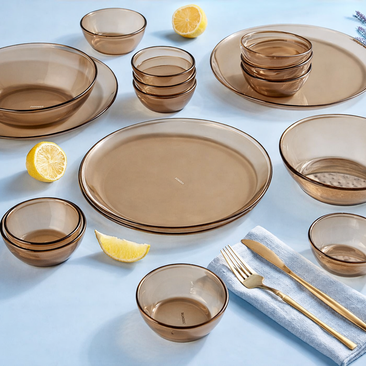 Borosil 27pc Aura India’s First Coloured Handcrafted Dinner Set | Made in India Borosilicate Glass Tableware | Microwave, Dishwasher & Oven Safe | Crockery for Gifting & Dining (Brown)