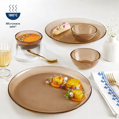 Borosil 27pc Aura India’s First Coloured Handcrafted Dinner Set | Made in India Borosilicate Glass Tableware | Microwave, Dishwasher & Oven Safe | Crockery for Gifting & Dining (Brown)