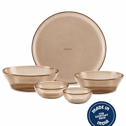 Borosil 27pc Aura India’s First Coloured Handcrafted Dinner Set | Made in India Borosilicate Glass Tableware | Microwave, Dishwasher & Oven Safe | Crockery for Gifting & Dining (Brown)