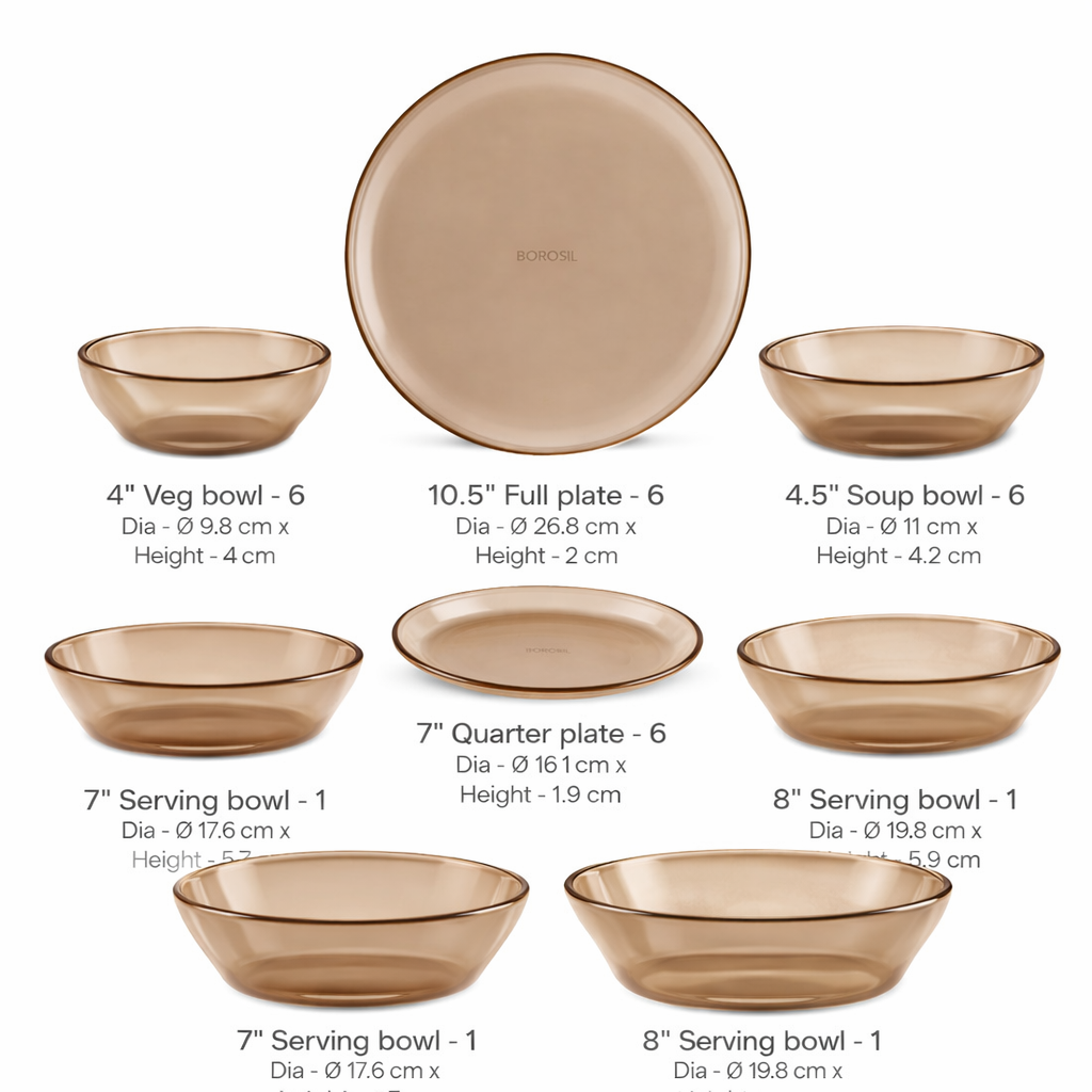 Borosil 27pc Aura India’s First Coloured Handcrafted Dinner Set | Made in India Borosilicate Glass Tableware | Microwave, Dishwasher & Oven Safe | Crockery for Gifting & Dining (Brown)