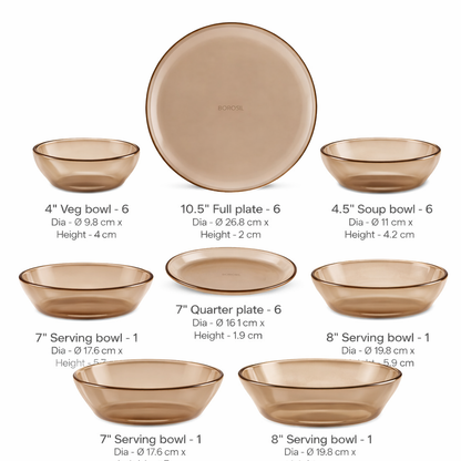 Borosil 27pc Aura India’s First Coloured Handcrafted Dinner Set | Made in India Borosilicate Glass Tableware | Microwave, Dishwasher & Oven Safe | Crockery for Gifting & Dining (Brown)