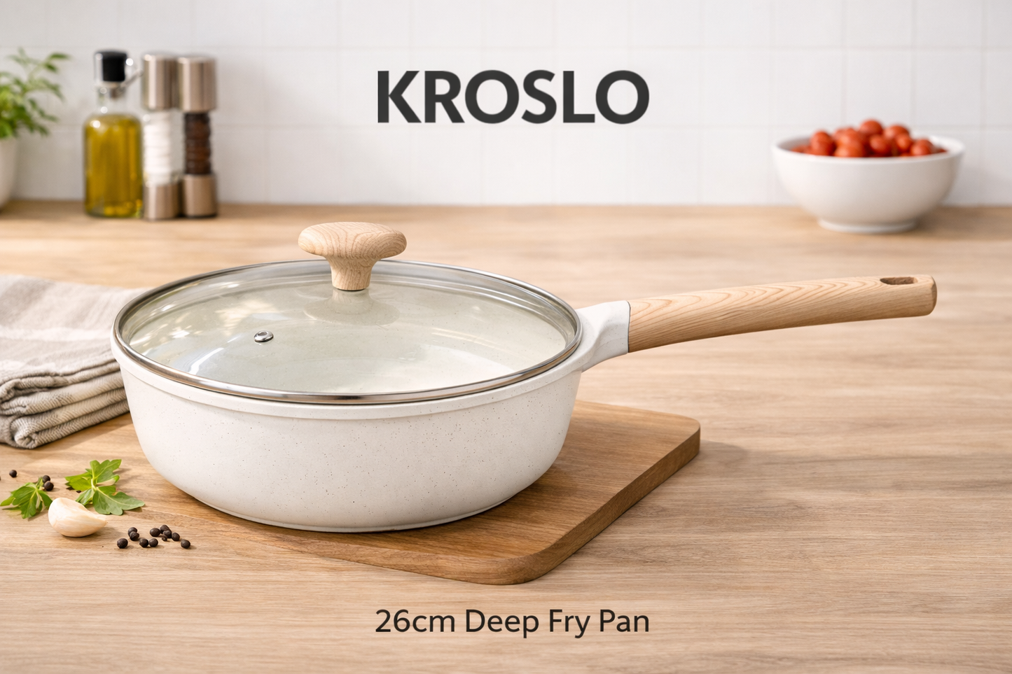 Kroslo Sierra 26cm Ceramic Deep Fry Pan with Glass Lid | Non-Stick Ceramic Coating | Induction Friendly
