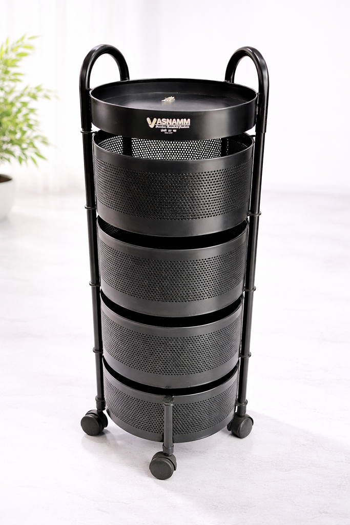 4 Tier Round Metal Vegetable Trolley with Wheels | Multipurpose Kitchen Storage Cart | Heavy-Duty Mesh Basket Organizer (Powder Coated)