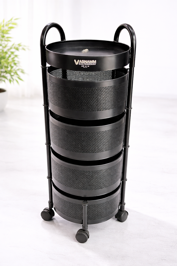 4 Tier Round Metal Vegetable Trolley with Wheels | Multipurpose Kitchen Storage Cart | Heavy-Duty Mesh Basket Organizer (Powder Coated)