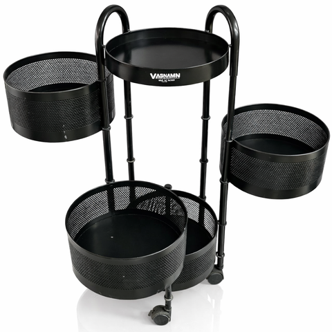 4 Tier Round Metal Vegetable Trolley with Wheels | Multipurpose Kitchen Storage Cart | Heavy-Duty Mesh Basket Organizer (Powder Coated)