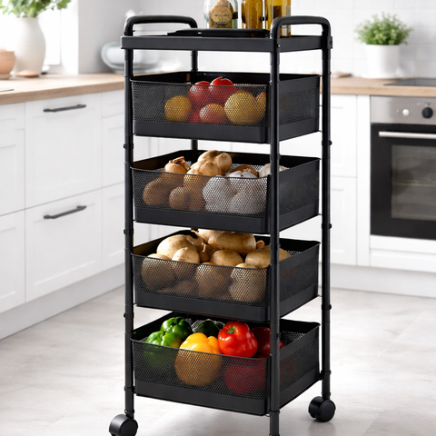 4 Tier Square Metal Vegetable Trolley with Wheels | Multipurpose Kitchen Storage Cart | Heavy-Duty Mesh Basket Organizer (Powder Coated)