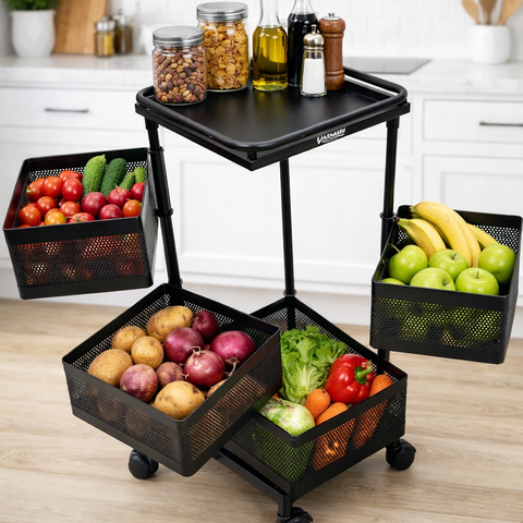 4 Tier Square Metal Vegetable Trolley with Wheels | Multipurpose Kitchen Storage Cart | Heavy-Duty Mesh Basket Organizer (Powder Coated)