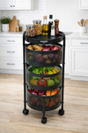 3 Tier Round Metal Vegetable Trolley with Wheels | Multipurpose Kitchen Storage Cart | Heavy-Duty Mesh Basket Organizer (Powder Coated)