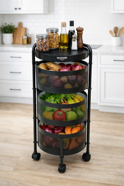 3 Tier Round Metal Vegetable Trolley with Wheels | Multipurpose Kitchen Storage Cart | Heavy-Duty Mesh Basket Organizer (Powder Coated)