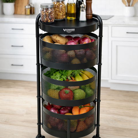 3 Tier Round Metal Vegetable Trolley with Wheels | Multipurpose Kitchen Storage Cart | Heavy-Duty Mesh Basket Organizer (Powder Coated)