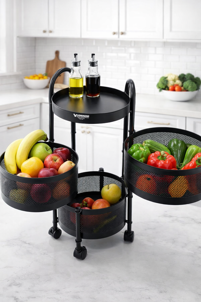 3 Tier Round Metal Vegetable Trolley with Wheels | Multipurpose Kitchen Storage Cart | Heavy-Duty Mesh Basket Organizer (Powder Coated)