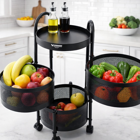 3 Tier Round Metal Vegetable Trolley with Wheels | Multipurpose Kitchen Storage Cart | Heavy-Duty Mesh Basket Organizer (Powder Coated)