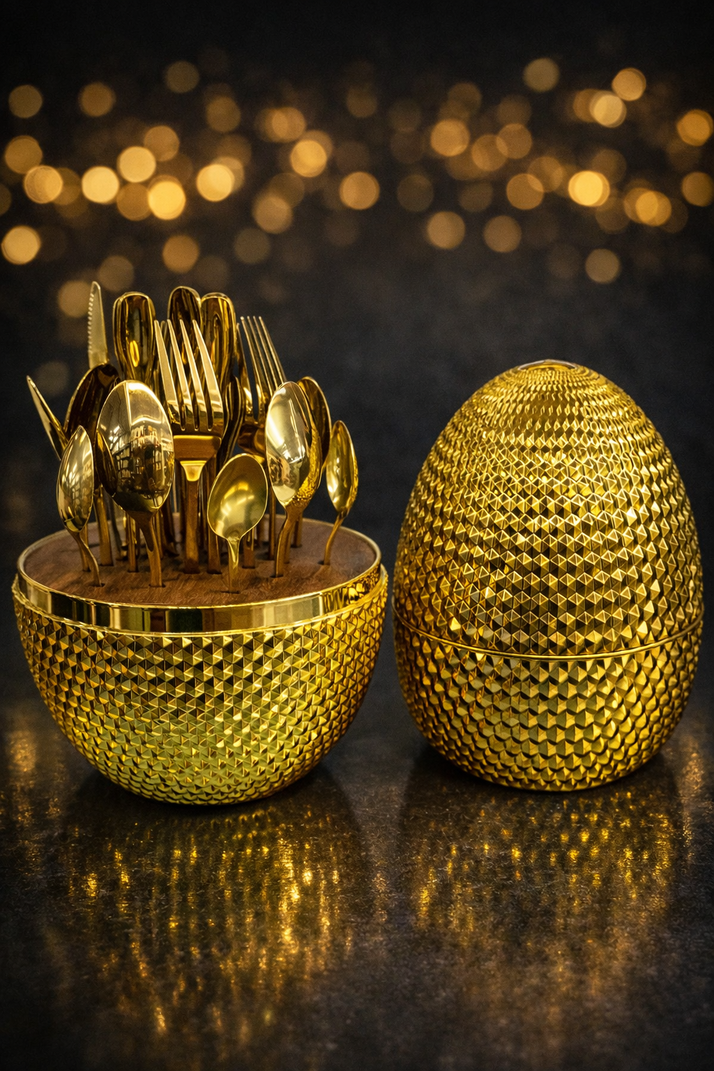 Egg Shape Golden PVD Coated Cutlery Set – 24 Pcs Luxury Stainless Steel Flatware with Decorative Storage Holder (Spoons, Forks & Butter Knives)