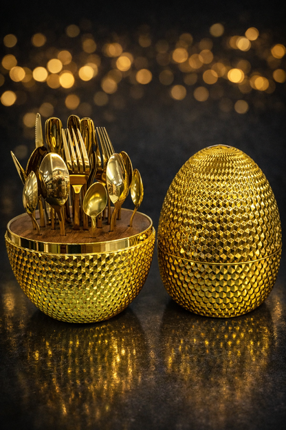 Egg Shape Golden PVD Coated Cutlery Set – 24 Pcs Luxury Stainless Steel Flatware with Decorative Storage Holder (Spoons, Forks & Butter Knives)