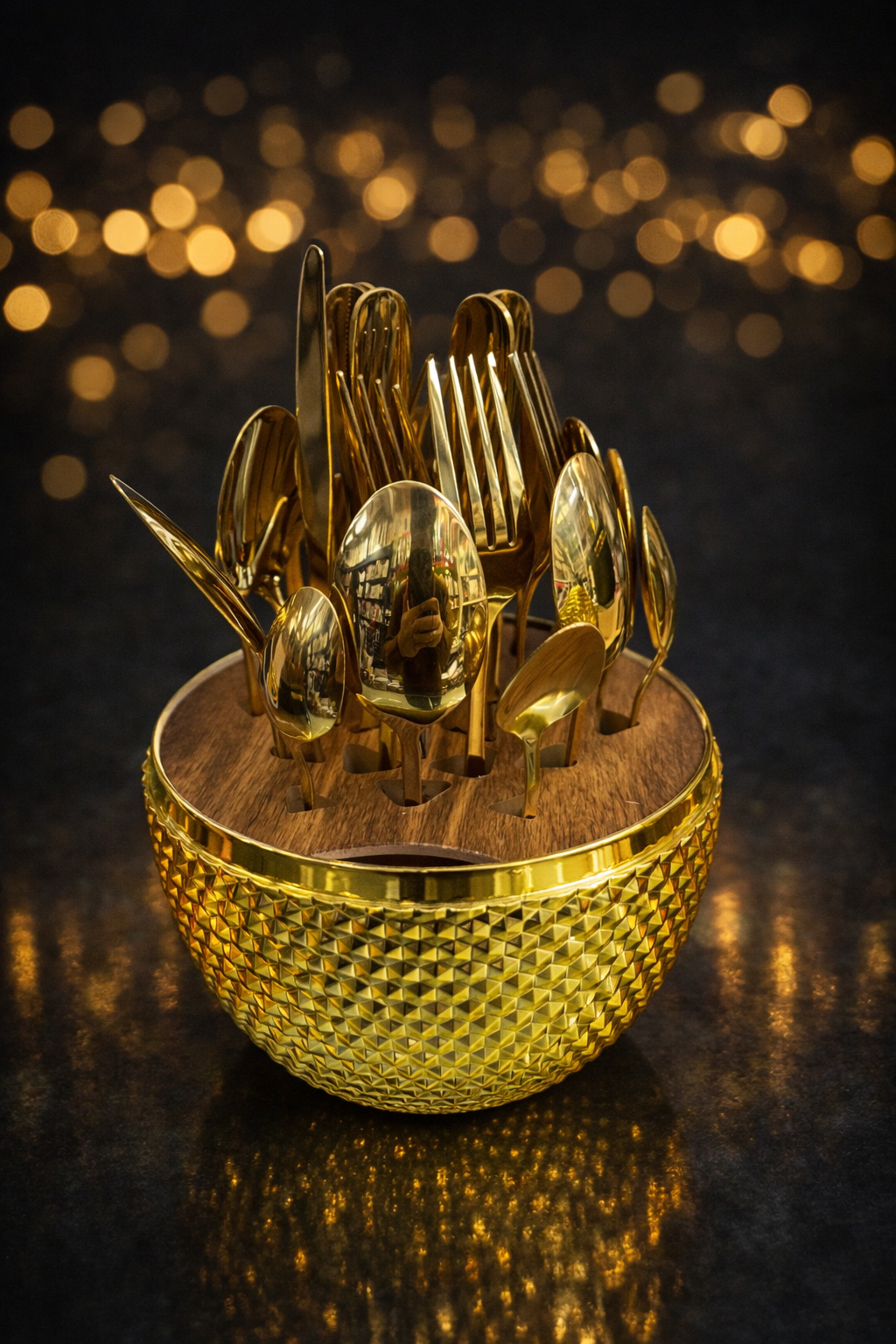 Egg Shape Golden PVD Coated Cutlery Set – 24 Pcs Luxury Stainless Steel Flatware with Decorative Storage Holder (Spoons, Forks & Butter Knives)