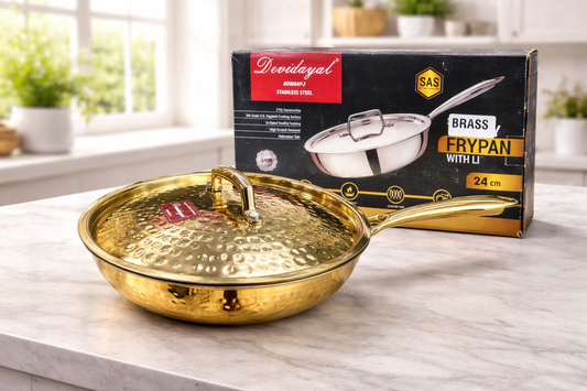 Devidayal Brass Frypan with Lid (24cm)- 1.8 Litres | Pure Brass Kadhai | Hammered Finish | Healthy Traditional Cookware