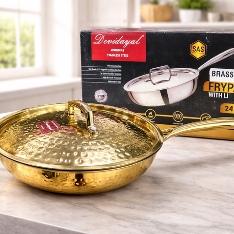 Devidayal Brass Frypan with Lid (24cm)- 1.8 Litres | Pure Brass Kadhai | Hammered Finish | Healthy Traditional Cookware