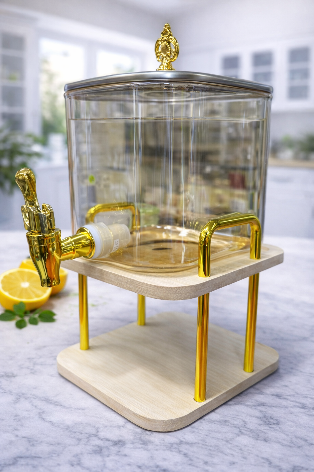 Luxury Glass Beverage Dispenser with Golden Tap & Wooden Stand – Elegant Drink Dispenser for Juice, Water, Mocktails & Parties (3.5L)