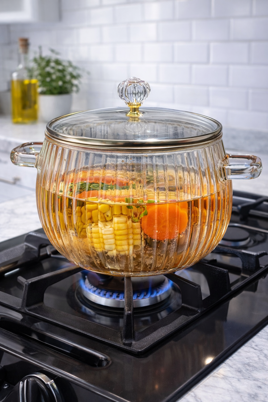 Premium 2.5L Heat-Resistant Pumpkin-Shaped Glass Cooking Pot with Lid – Double Handle Transparent Glass Pot for Gas Stove, Induction & Microwave