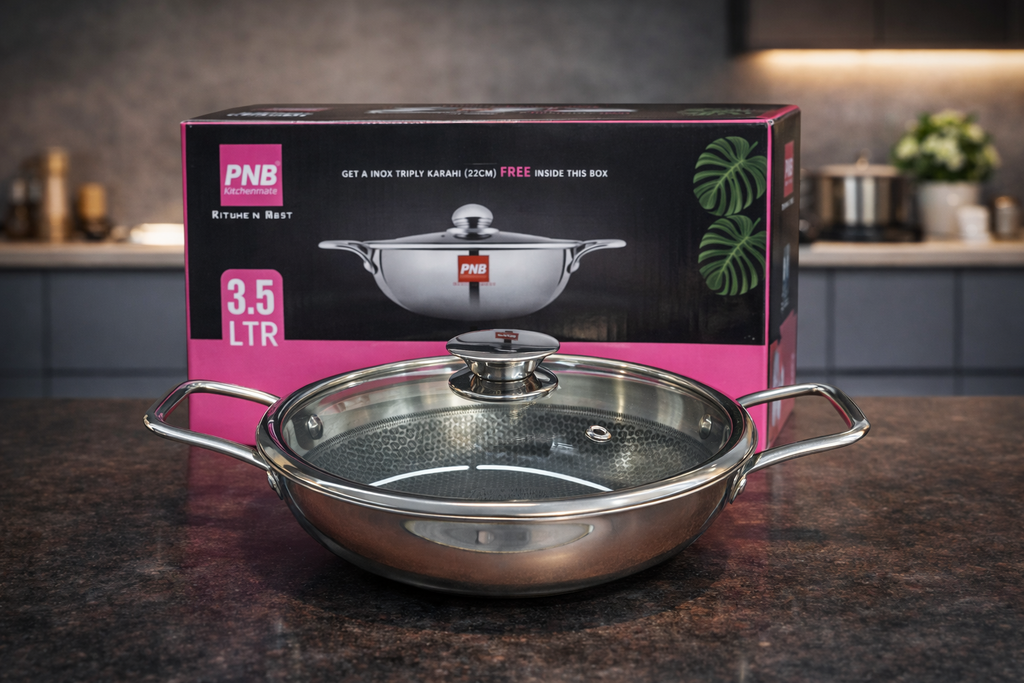 PNB Kitchenmate Euro Duo 3.5 Litre Triply Stainless Steel Pressure Cooker with Free 22 cm Triply Honeycomb Coated Kadhai | Induction & Gas Compatible | Premium Cookware Combo