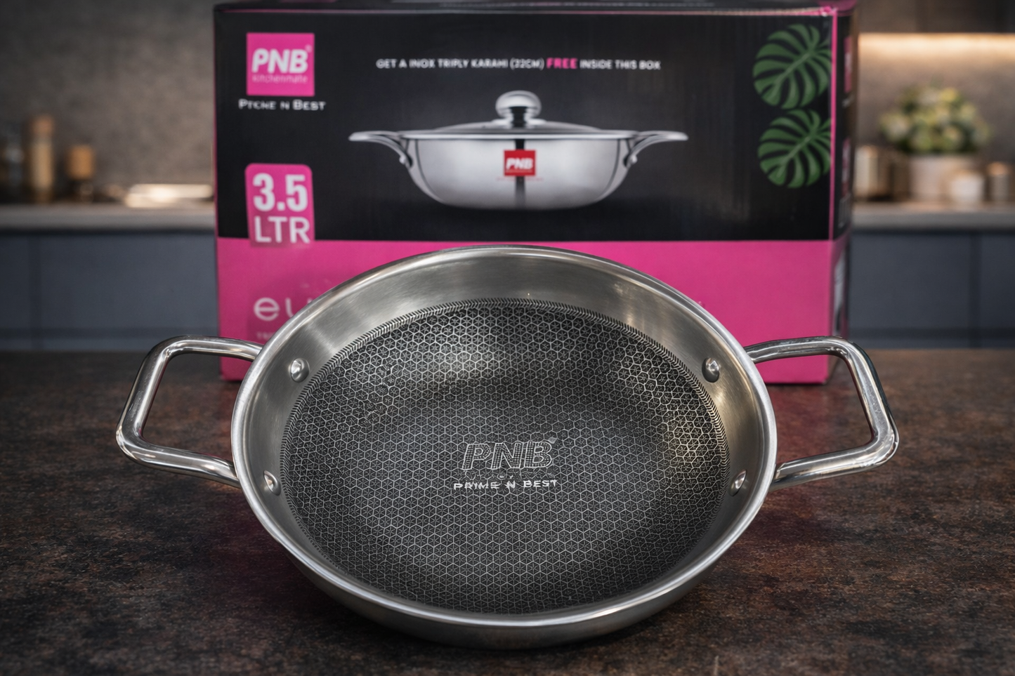 PNB Kitchenmate Euro Duo 3 Litre Triply Stainless Steel Pressure Cooker with Free 22 cm Triply Honeycomb Coated Kadhai | Induction & Gas Compatible | Premium Cookware Combo