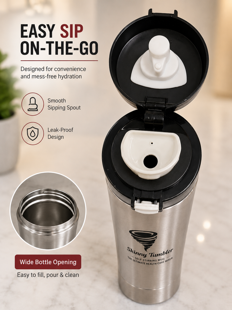 Skinny 600ml Rechargeable Self Stirring Shaker Bottle | Stainless Steel Vacuum Insulated Travel Mug | USB Type-C Charging | 24 Hours Hot & Cold | Protein Shake, Coffee & Beverage Mixer
