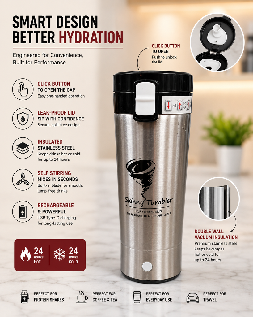 Skinny 600ml Rechargeable Self Stirring Shaker Bottle | Stainless Steel Vacuum Insulated Travel Mug | USB Type-C Charging | 24 Hours Hot & Cold | Protein Shake, Coffee & Beverage Mixer