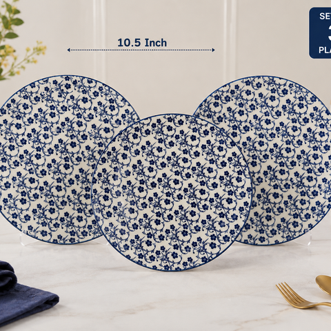 10.5 Inch Ceramic Dinner Plate Set of 3 | Blue Floral Printed Serving Plates | Premium Glazed Ceramic | Microwave & Dishwasher Safe | Elegant Dinnerware for Daily Use & Special Occasions