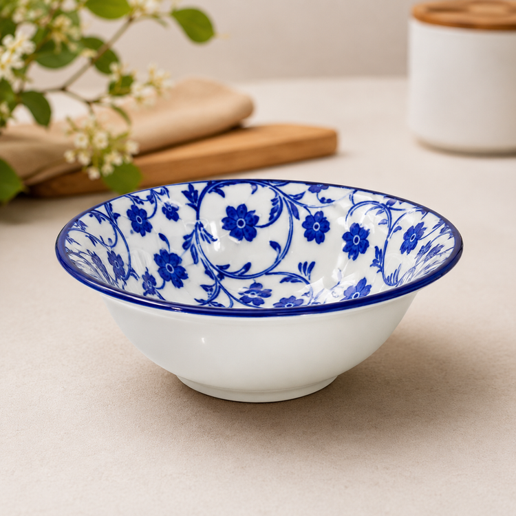Ceramic Soup & Snack Bowl Set of 3 | Blue Floral Printed Bowls | Premium Glazed Ceramic | Microwave & Dishwasher Safe | Serving Bowls for Soup, Salad, Cereal, Dessert & Snacks