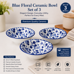 Ceramic Soup & Snack Bowl Set of 3 | Blue Floral Printed Bowls | Premium Glazed Ceramic | Microwave & Dishwasher Safe | Serving Bowls for Soup, Salad, Cereal, Dessert & Snacks
