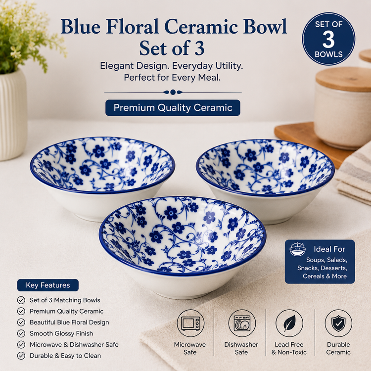Ceramic Soup & Snack Bowl Set of 3 | Blue Floral Printed Bowls | Premium Glazed Ceramic | Microwave & Dishwasher Safe | Serving Bowls for Soup, Salad, Cereal, Dessert & Snacks